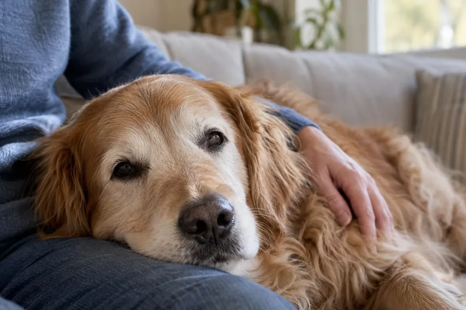 Un golden retriever mayor descansa la cabeza en el regazo de su dueño