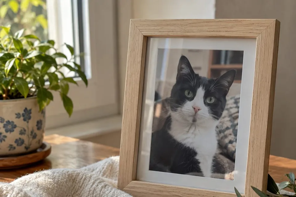 Foto enmarcada de un gato con su collar como recuerdo