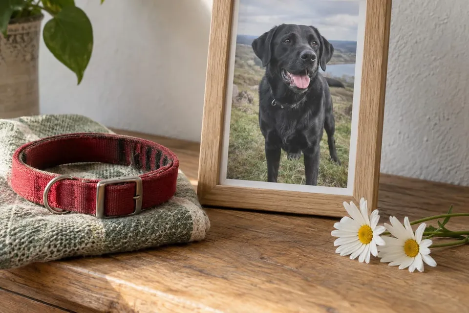 Foto enmarcada de un perro junto a su collar y unas margaritas