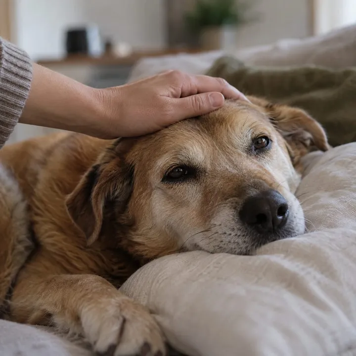 Una mano acaricia la cabeza de un perro tumbado en su manta