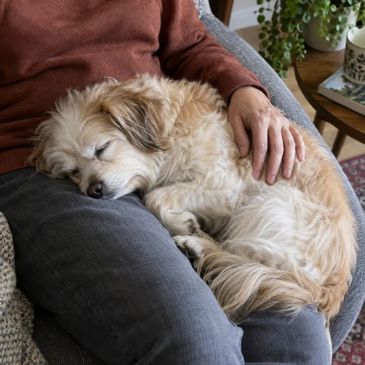 Un perro pequeño duerme tranquilo en el regazo de su dueña
