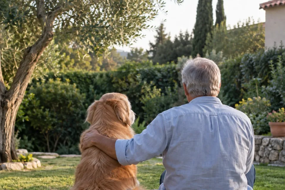 Un hombre abraza a su perro mayor sentados en el césped de un jardín