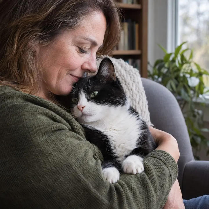 Una mujer abraza con cariño a su gato en casa
