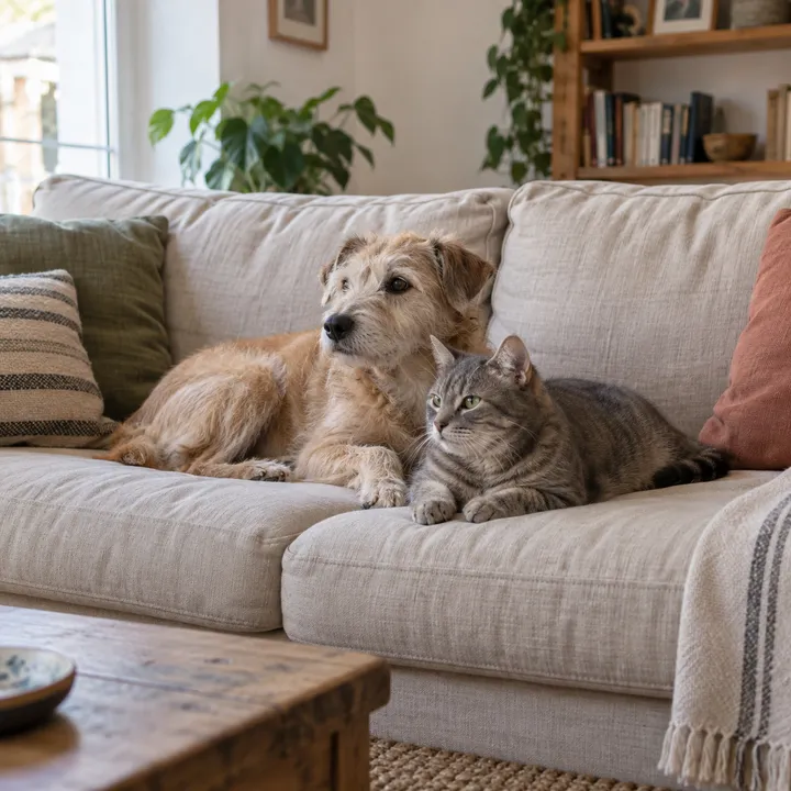 Un perro y un gato descansan juntos en el sofá de casa