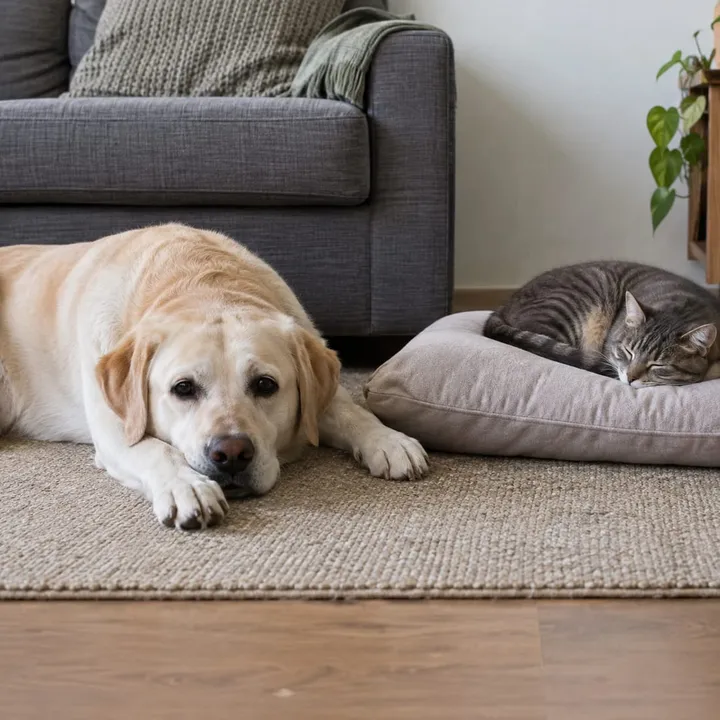 Un perro y un gato descansan juntos en el salón de casa