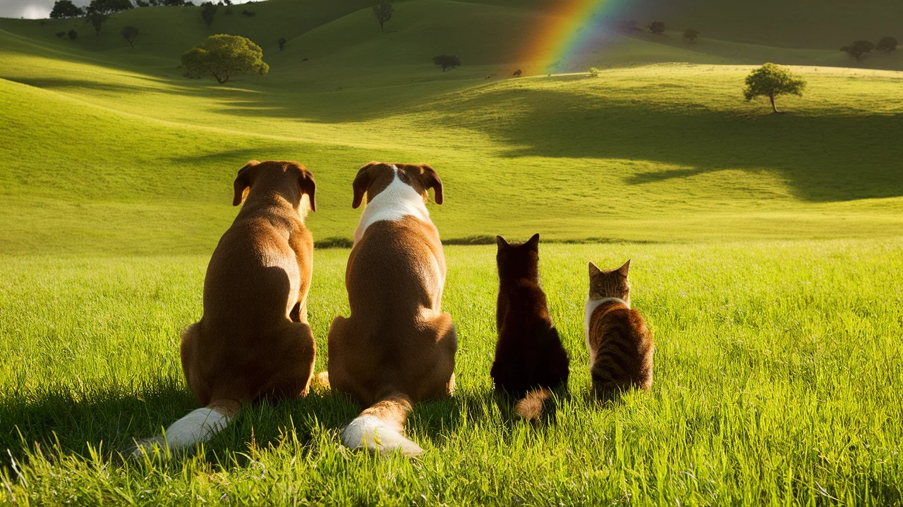 fune mascotas perros y gatos mirando un arco iris